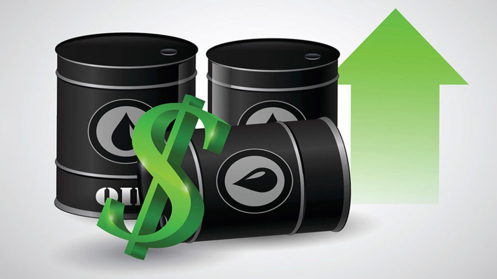 Hausse des prix du pétrole – barils et flèche verte symbolisant le rebond du Brent et du WTI