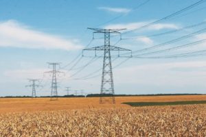 Pylônes électriques traversant un champ agricole en Algérie.