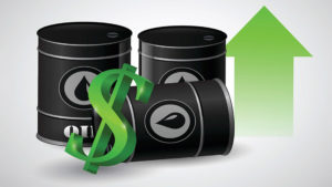 Hausse des prix du pétrole – barils et flèche verte symbolisant le rebond du Brent et du WTI