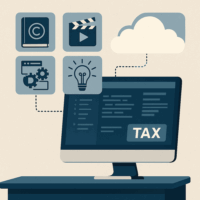 Illustration numérique montrant un écran d’ordinateur relié à des pictogrammes de logiciels, brevets et cloud computing, représentant l’élargissement de la taxe aux importations immatérielles.