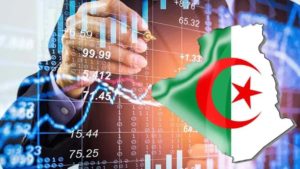 Illustration d’un investisseur devant des graphiques financiers, avec la carte de l’Algérie, symbolisant le contrôle de l’État sur les capitaux étrangers.
