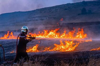 Deux pompiers de la Protection civile algérienne combattent un feu de broussailles au crépuscule, tuyau à la main, sur un versant de colline noirci par les flammes.