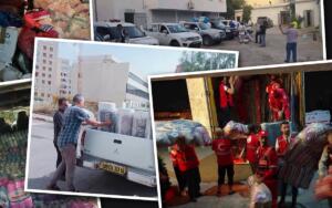Bénévoles et secouristes chargeant des dons (literie, effets personnels) destinés aux sinistrés des incendies en Algérie