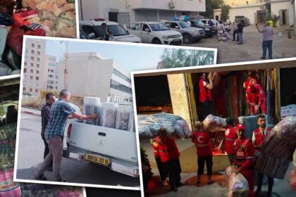 Bénévoles et secouristes chargeant des dons (literie, effets personnels) destinés aux sinistrés des incendies en Algérie