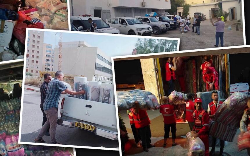 Bénévoles et secouristes chargeant des dons (literie, effets personnels) destinés aux sinistrés des incendies en Algérie