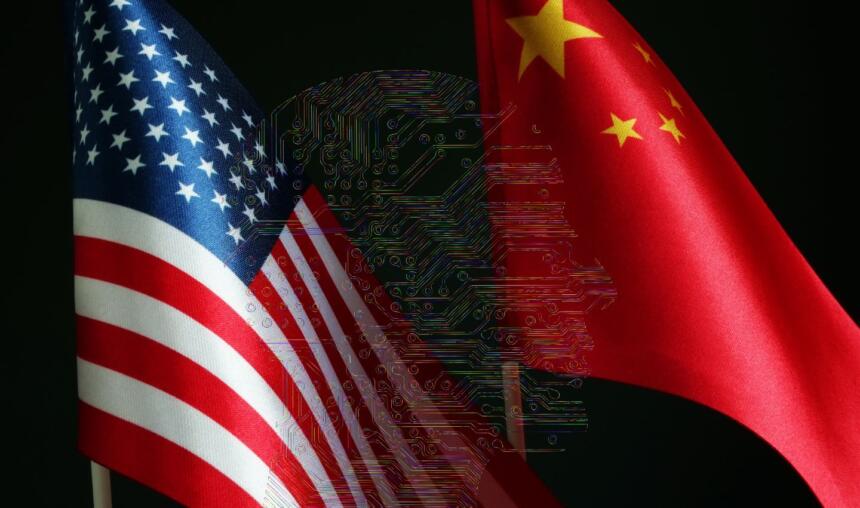 Illustration des drapeaux américain et chinois, symbole des tensions technologiques entre Washington et Pékin