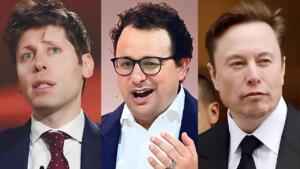 Photomontage en trois volets montrant Sam Altman, Dario Amodei et Elon Musk, patrons d'entreprises d'IA américaines