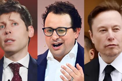 Photomontage en trois volets montrant Sam Altman, Dario Amodei et Elon Musk, patrons d'entreprises d'IA américaines