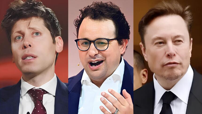 Photomontage en trois volets montrant Sam Altman, Dario Amodei et Elon Musk, patrons d'entreprises d'IA américaines