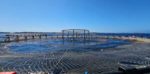 Cage circulaire d'aquaculture flottant en mer, vue depuis son bord : un filet est tendu à la surface de l'eau, une structure métallique est posée au centre, d'autres cages sont alignées au loin devant une côte basse, sous un ciel bleu dégagé. (IA)