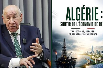 Portrait d'Abdelrahmi Bessaha en costume sombre, à côté de la couverture de son livre "Algérie : sortir de l'économie de rente"