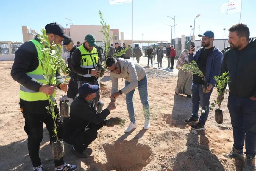 Groupe de bénévoles plantant de jeunes arbres sur un terrain sablonneux, certains en gilet fluorescent, sous un ciel dégagé.