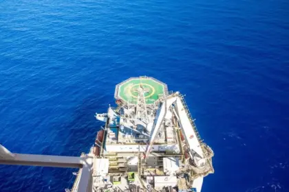 Vue aérienne d'un navire de forage en haute mer, avec un hélipad vert portant l'inscription « Valaris DS-12 » et des grues sur le pont, entouré d'une mer bleu foncé.