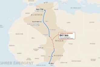 Carte du gazoduc transsaharien de Warri, au Nigeria, à Hassi R'Mel, en Algérie, via le Niger, avec le tronçon nigérien de 841 km en pointillés orange.