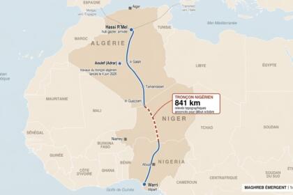 Carte du gazoduc transsaharien de Warri, au Nigeria, à Hassi R'Mel, en Algérie, via le Niger, avec le tronçon nigérien de 841 km en pointillés orange.