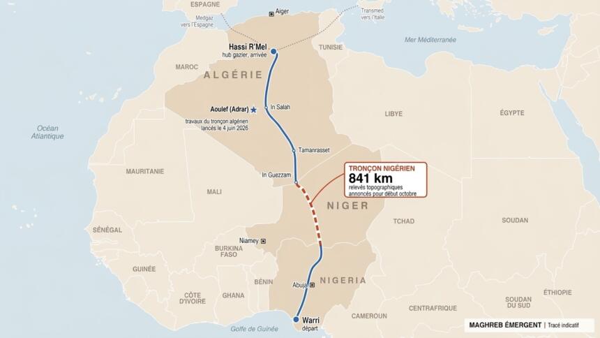 Carte du gazoduc transsaharien de Warri, au Nigeria, à Hassi R'Mel, en Algérie, via le Niger, avec le tronçon nigérien de 841 km en pointillés orange.