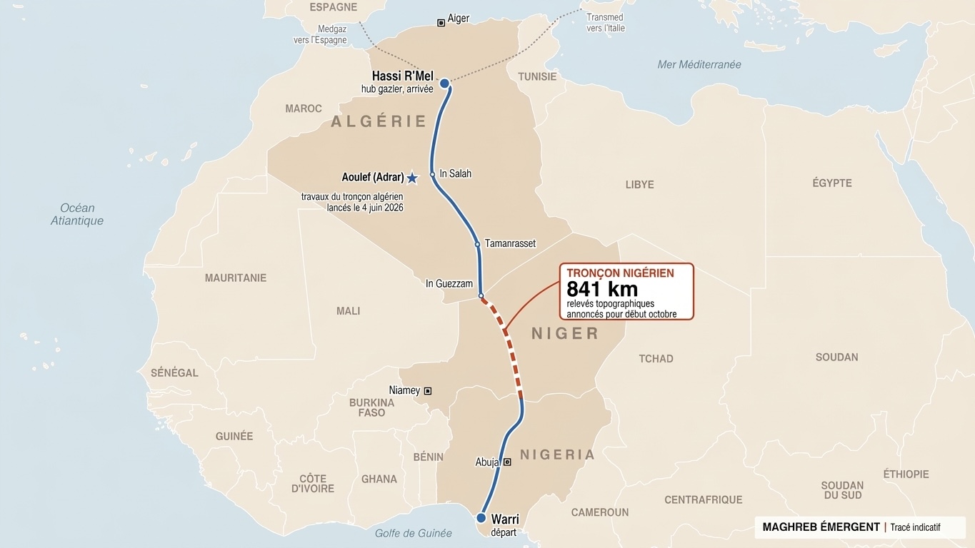 Carte du gazoduc transsaharien de Warri, au Nigeria, à Hassi R'Mel, en Algérie, via le Niger, avec le tronçon nigérien de 841 km en pointillés orange.