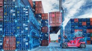 Conteneurs empilés dans un terminal portuaire, recouverts d'un motif de circuits numériques lumineux, pendant qu'un chariot porte-conteneurs rouge soulève une boîte.