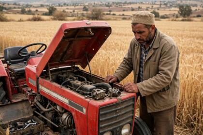 Agriculteur réparant le moteur d'un tracteur rouge, capot ouvert, dans un champ de blé mûr.