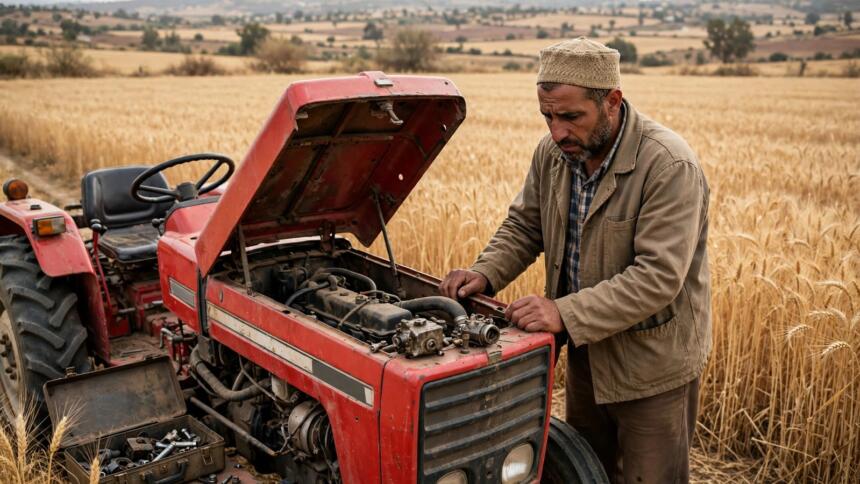 Agriculteur réparant le moteur d'un tracteur rouge, capot ouvert, dans un champ de blé mûr.