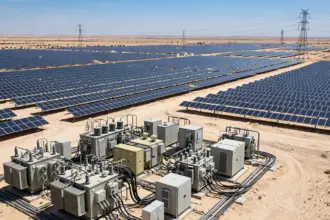Centrale solaire photovoltaïque avec onduleurs et transformateurs au premier plan et rangées de panneaux solaires dans le désert algérien