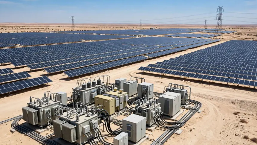 Centrale solaire photovoltaïque avec onduleurs et transformateurs au premier plan et rangées de panneaux solaires dans le désert algérien