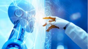Illustration d'un robot et d'une main humaine se touchant à travers une interface numérique, symbolisant l'intelligence artificielle