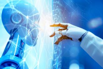 Illustration d'un robot et d'une main humaine se touchant à travers une interface numérique, symbolisant l'intelligence artificielle