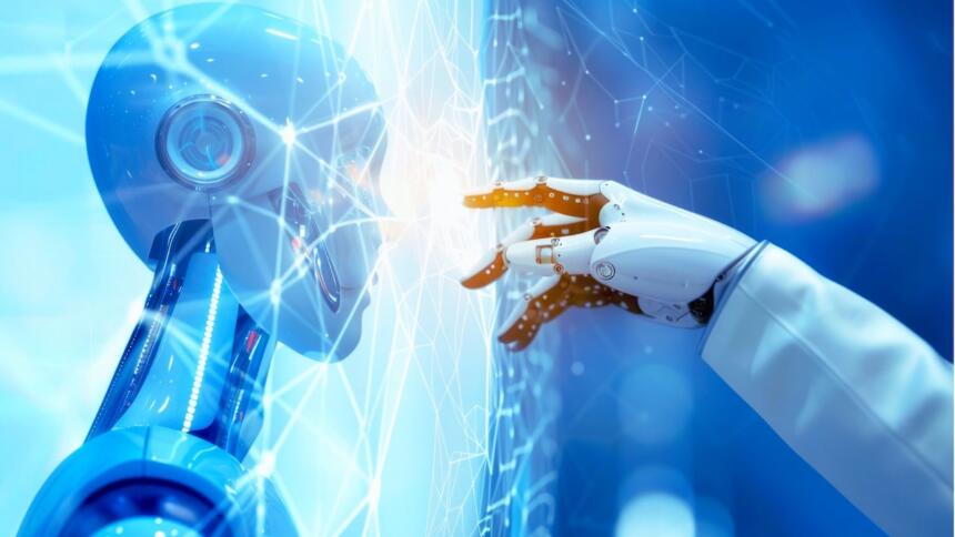Illustration d'un robot et d'une main humaine se touchant à travers une interface numérique, symbolisant l'intelligence artificielle