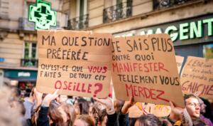 17 octobre 2026 à Paris, des manifestants avec des pancartes contre le gouvernement