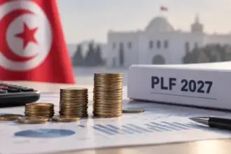 Pièces de monnaie empilées devant un classeur « PLF 2027 », avec un drapeau tunisien et un bâtiment officiel en arrière-plan
