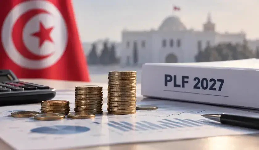 Pièces de monnaie empilées devant un classeur « PLF 2027 », avec un drapeau tunisien et un bâtiment officiel en arrière-plan