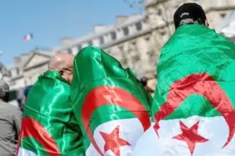 Trois personnes de dos drapées dans des drapeaux algériens, un drapeau français au loin