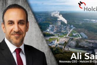 Ali Said, nouveau CEO de Holcim El-Djazaïr, en costume sombre, et vue aérienne d’une cimenterie, logo Holcim en haut à droite