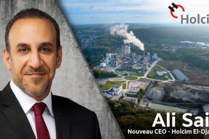 Ali Said, nouveau CEO de Holcim El-Djazaïr, en costume sombre, et vue aérienne d’une cimenterie, logo Holcim en haut à droite