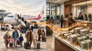 Illustration en deux scènes. À gauche, des familles avec valises descendent d’un avion d’Air Algérie sur le tarmac d’un aéroport. À droite, des liasses de billets et des pièces s’empilent sur le comptoir d’une agence bancaire, devant des employés. Des traînées lumineuses relient les deux scènes. (IA)