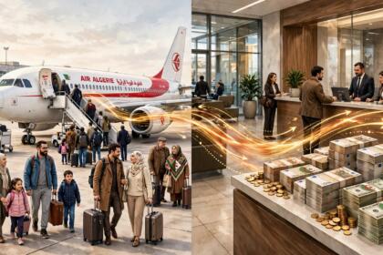 Illustration en deux scènes. À gauche, des familles avec valises descendent d’un avion d’Air Algérie sur le tarmac d’un aéroport. À droite, des liasses de billets et des pièces s’empilent sur le comptoir d’une agence bancaire, devant des employés. Des traînées lumineuses relient les deux scènes. (IA)