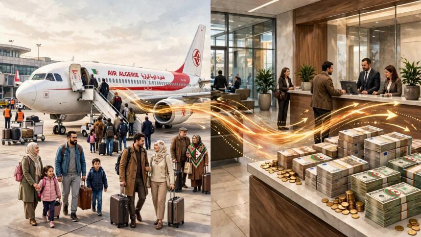 Illustration en deux scènes. À gauche, des familles avec valises descendent d’un avion d’Air Algérie sur le tarmac d’un aéroport. À droite, des liasses de billets et des pièces s’empilent sur le comptoir d’une agence bancaire, devant des employés. Des traînées lumineuses relient les deux scènes. (IA)