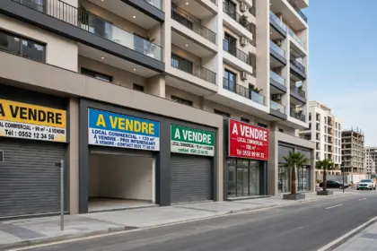 Image générée par IA : rez-de-chaussée commercial d’un immeuble résidentiel récent, avec quatre locaux portant des panneaux « À vendre » jaune, bleu, vert et rouge, le long d’une rue neuve.