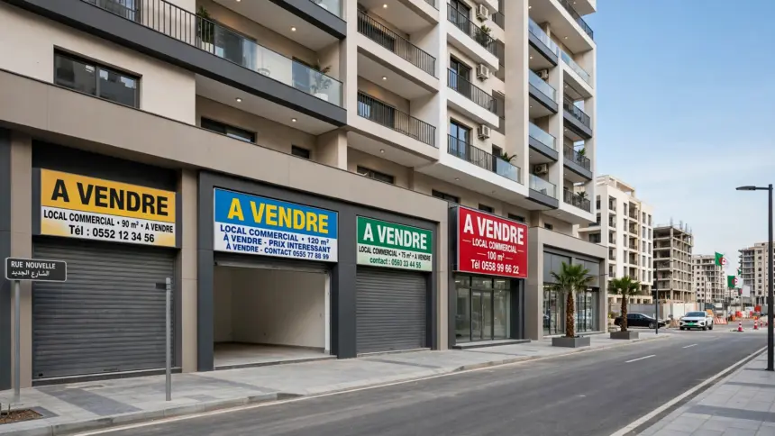 Image générée par IA : rez-de-chaussée commercial d’un immeuble résidentiel récent, avec quatre locaux portant des panneaux « À vendre » jaune, bleu, vert et rouge, le long d’une rue neuve.