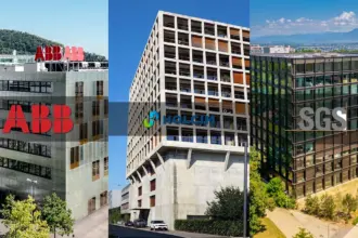 Montage de trois bâtiments d'entreprises suisses côte à côte, avec les logos ABB, Holcim et SGS en surimpression.