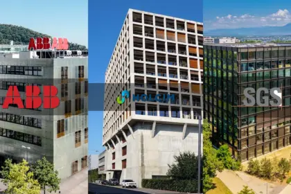 Montage de trois bâtiments d'entreprises suisses côte à côte, avec les logos ABB, Holcim et SGS en surimpression.
