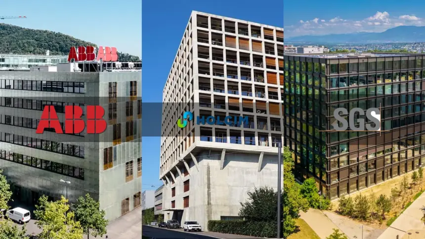 Montage de trois bâtiments d'entreprises suisses côte à côte, avec les logos ABB, Holcim et SGS en surimpression.