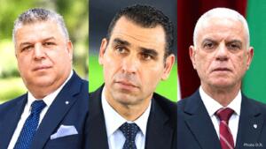 Portraits côte à côte, de gauche à droite, de Charaf-Eddine Amara, Kheireddine Zetchi et Djahid Zefizef, anciens présidents de la Fédération algérienne de football.