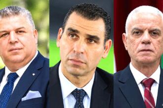 Portraits côte à côte, de gauche à droite, de Charaf-Eddine Amara, Kheireddine Zetchi et Djahid Zefizef, anciens présidents de la Fédération algérienne de football.