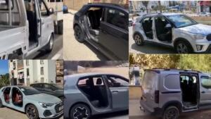 Montage de six photos de voitures et utilitaires stationnés dans des rues en Algérie, dont les portières ont été arrachées.