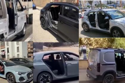 Montage de six photos de voitures et utilitaires stationnés dans des rues en Algérie, dont les portières ont été arrachées.