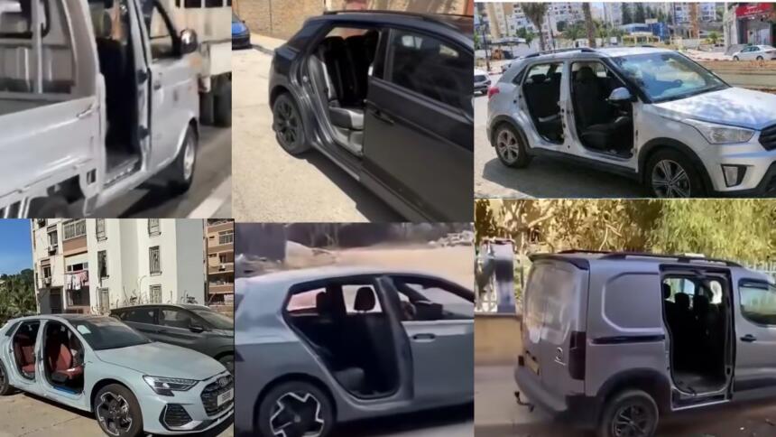 Montage de six photos de voitures et utilitaires stationnés dans des rues en Algérie, dont les portières ont été arrachées.